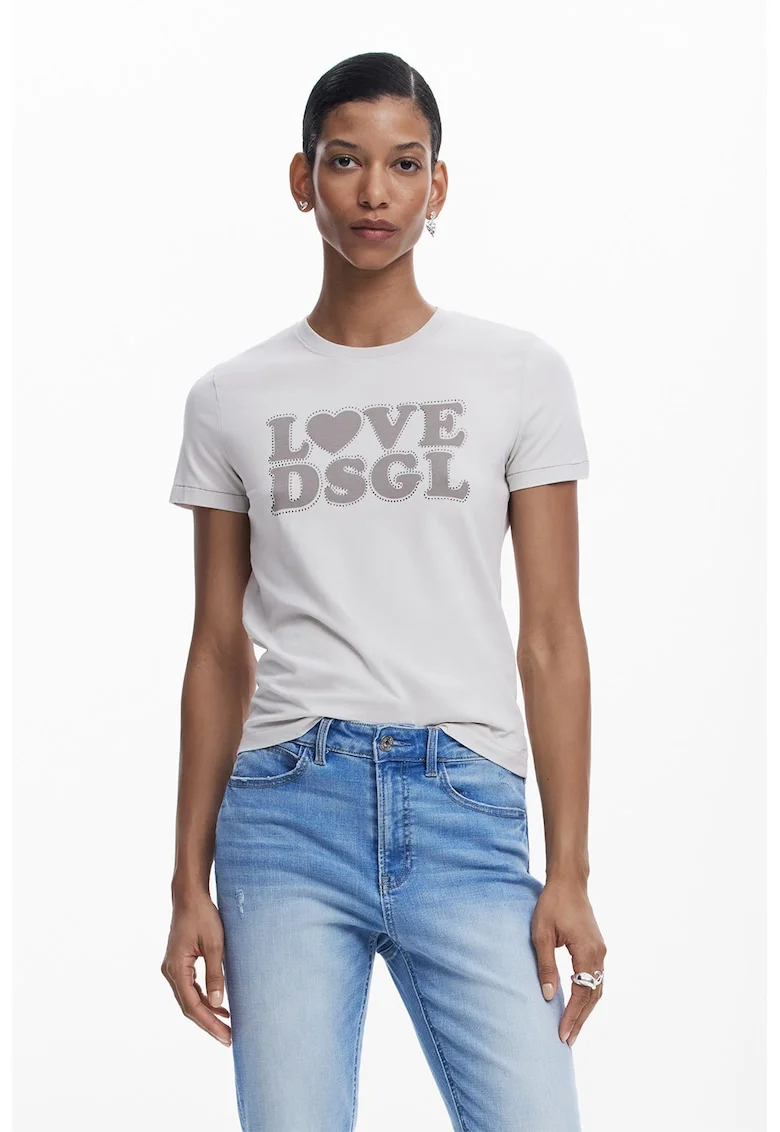Tricou cu imprimeu si decolteu rotund, Alb murdar