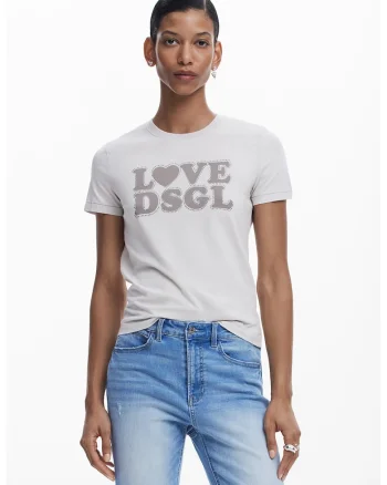 Tricou cu imprimeu si decolteu rotund, Alb murdar