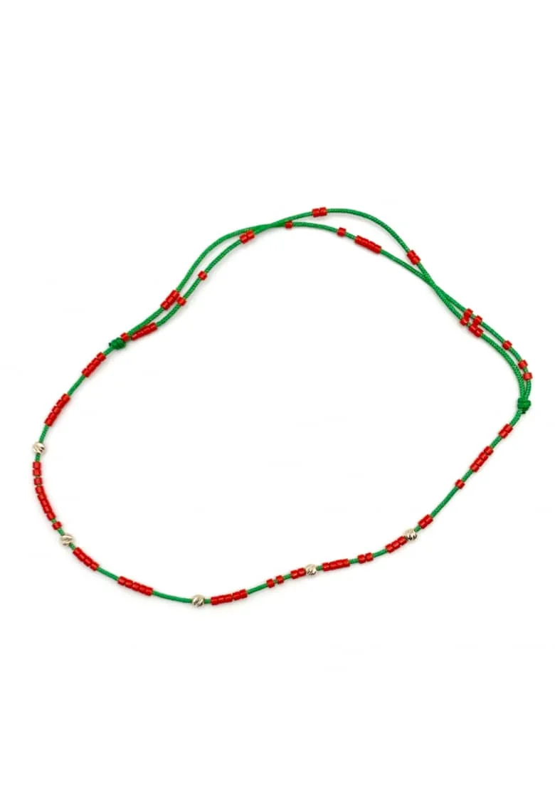 Bratara de picior cu bile din AUR 14K si Margele Miyuki Rosii, snur verde reglabil, dama