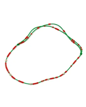Bratara de picior cu bile din AUR 14K si Margele Miyuki Rosii, snur verde reglabil, dama