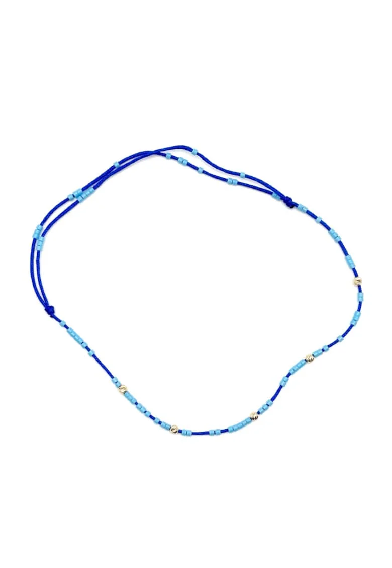 Bratara de picior cu bile din AUR 14K si Margele Miyuki Baby Blue, snur albastru inchis reglabil, dama