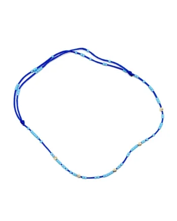 Bratara de picior cu bile din AUR 14K si Margele Miyuki Baby Blue, snur albastru inchis reglabil, dama