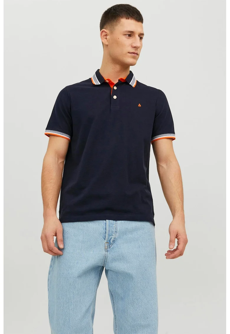 Tricou polo slim fit de bumbac organic Paulos, Portocaliu/Bleumarin