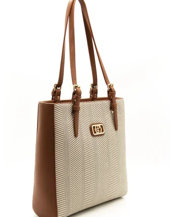 Geanta de piele ecologica si material textil, Diverse culori, Maro scortisoara, 32 x 30 x 10 cm