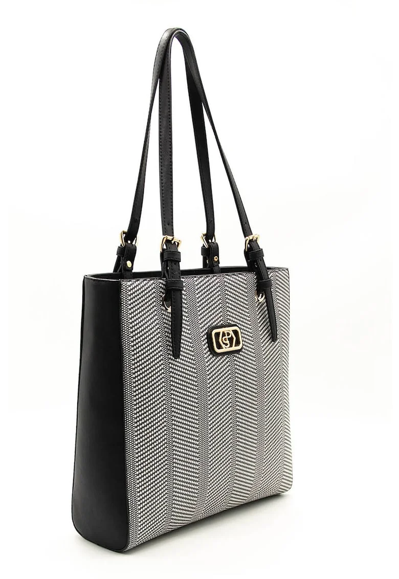 Geanta de piele ecologica si material textil, Diverse culori, Alb/Negru, 32 x 30 x 10 cm