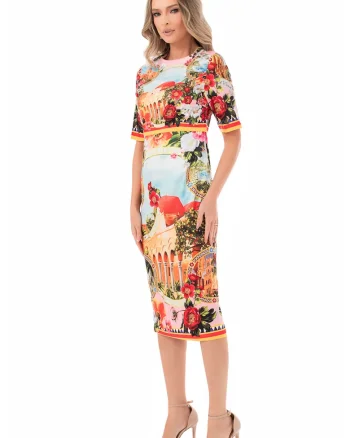 Rochie cu imprimeu si slit pe partea din spate, Rosu/Verde/Albastru pastel