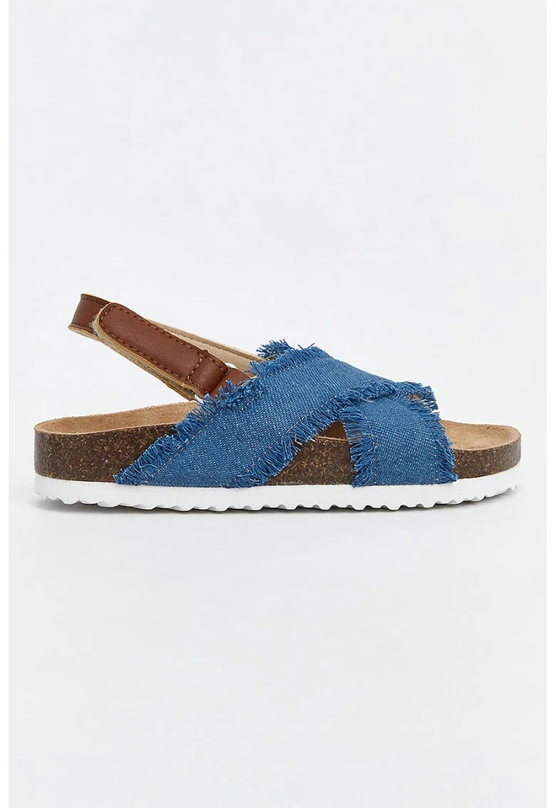 Sandale din denim cu talpa plata si velcro, Albastru inchis