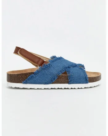 Sandale din denim cu talpa plata si velcro, Albastru inchis