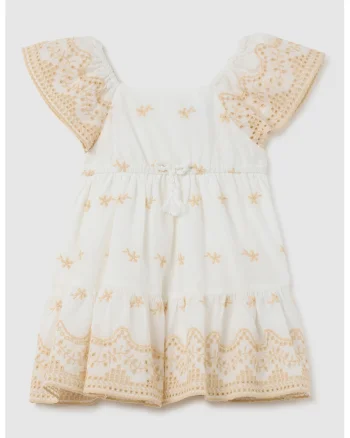 Rochie cu snururi de ajustare in talie si broderie, Bej/Alb optic