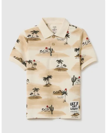 Tricou polo cu model, Maro taupe/Crem