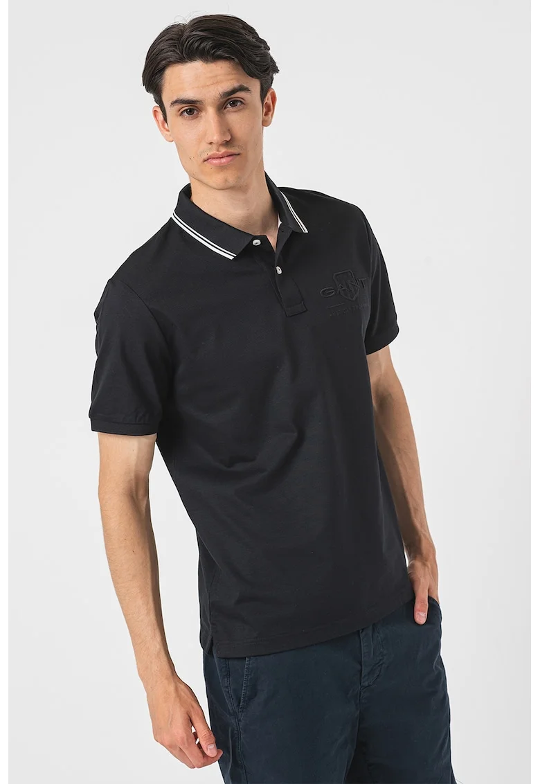 Tricou polo de bumbac cu logo brodat, Negru
