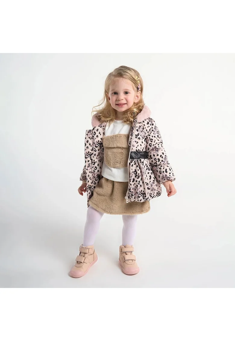 Geaca groasa cu blanita, cu gluga si curea in talie,  - Baby, Bej - Animal Print, pentru fetite, Bej