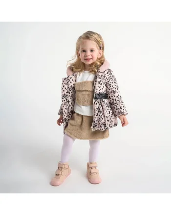 Geaca groasa cu blanita, cu gluga si curea in talie,  - Baby, Bej - Animal Print, pentru fetite, Bej