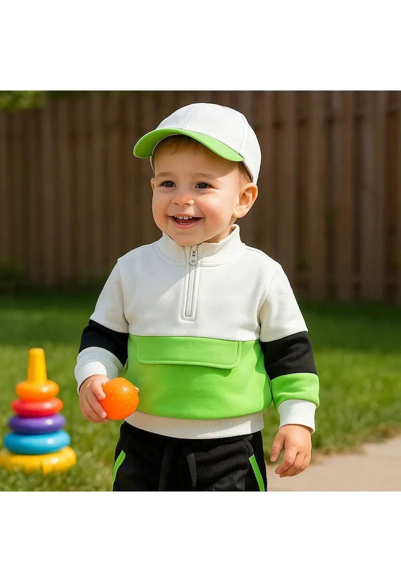 Bluza sport  - Natural Power, Alb cu dungi verzi, pentru baietei, Alb