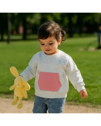 Bluza cu maneca lunga si imprimeu Iepuras  - Stella, Alb si Roz, pentru fetite, Alb