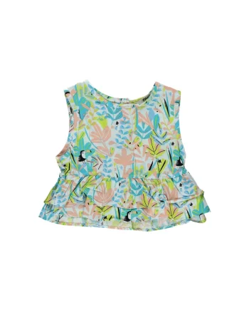 Top cu volan in talie  - Jungle, Mint, cu imprimeu floral, pentru fetite, Verde menta