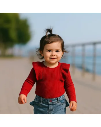 Bluza tricotata cu maneca lunga si volanase,  - It`s Our Nature, Rosu, pentru fetite, Rosu
