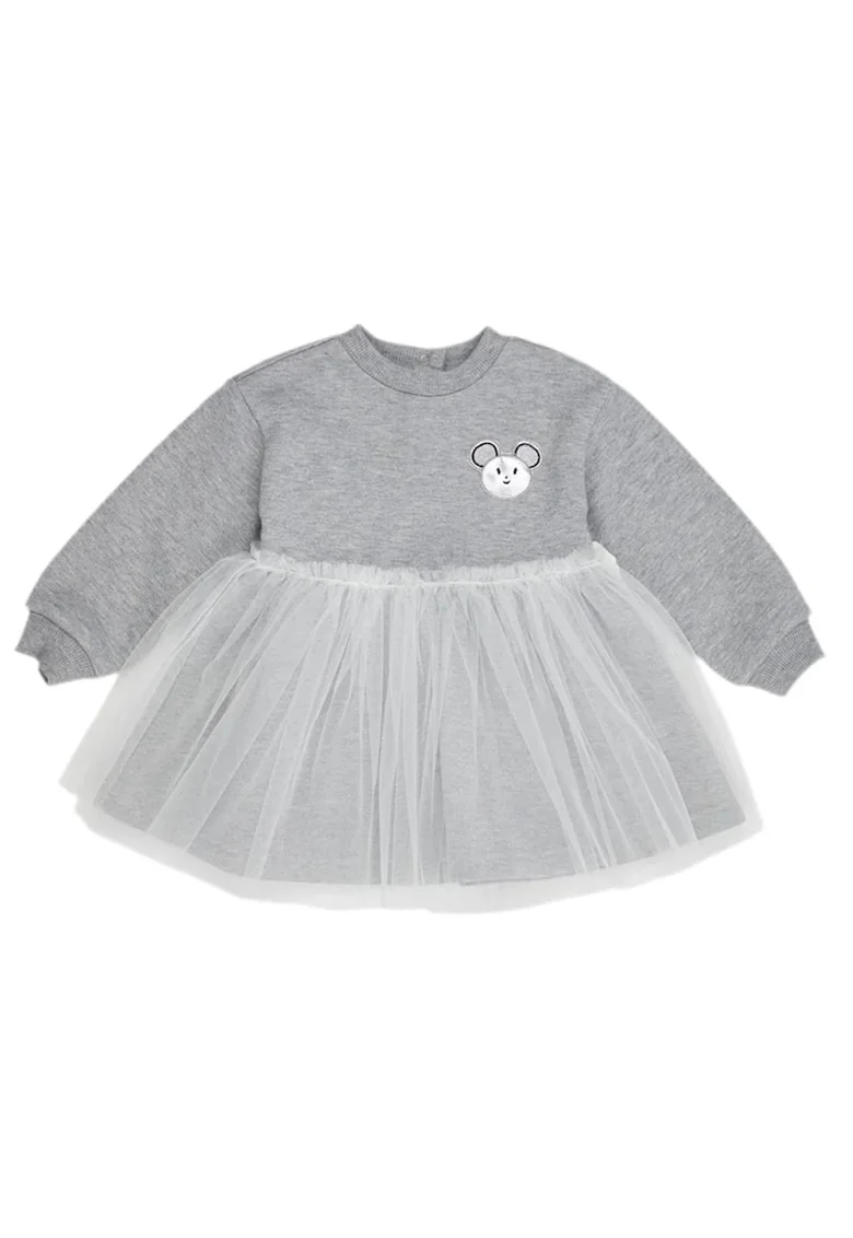 Rochie cu maneca lunga si iepuras, cu tull,  - Little Ballerina, Gri Melanje, pentru fetite, Gri
