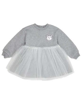 Rochie cu maneca lunga si iepuras, cu tull,  - Little Ballerina, Gri Melanje, pentru fetite, Gri