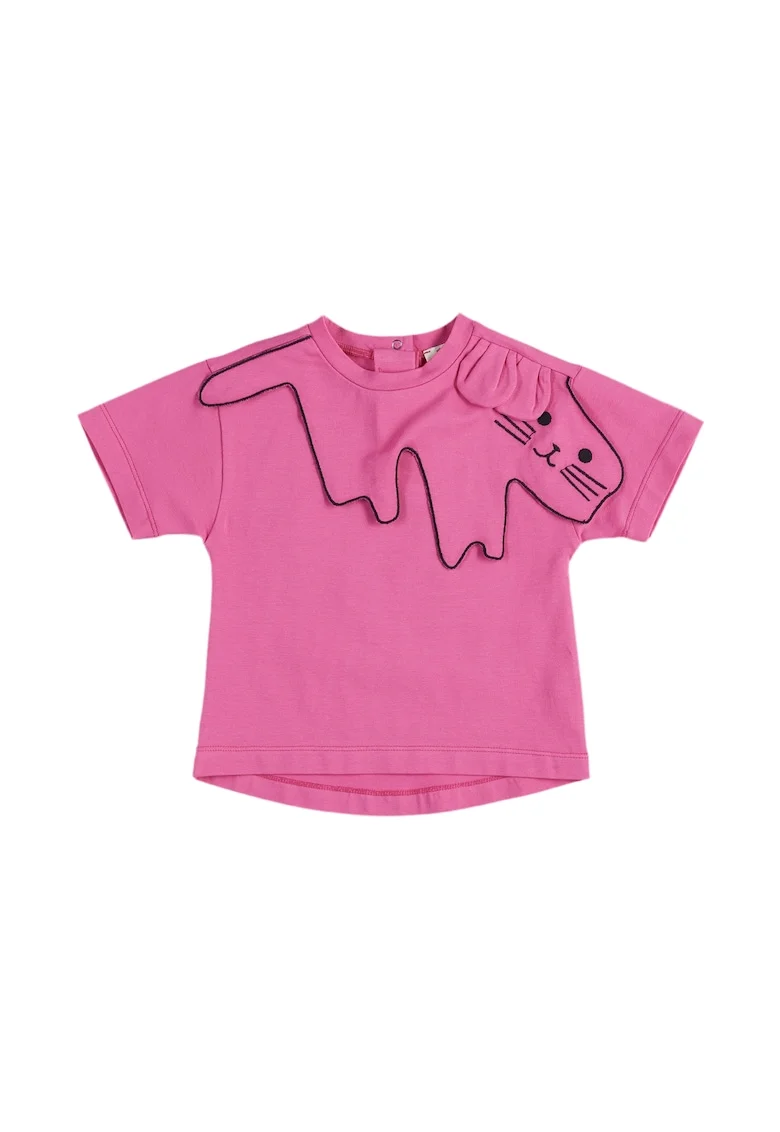 Tricou cu guler brodat pisicuta  - Hope, Fucsia, pentru fetite, Fucsia