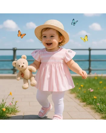 Bluza babydoll  - Flowers, Roz cu dungi albe, pentru fetite, Roz