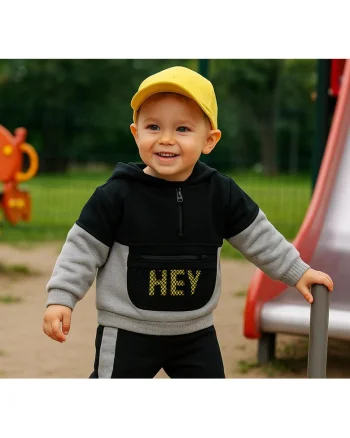Hanorac cu gluga, fermoar si buzunar in fata  - City Boys, Gri si Negru, pentru baietei, Negru