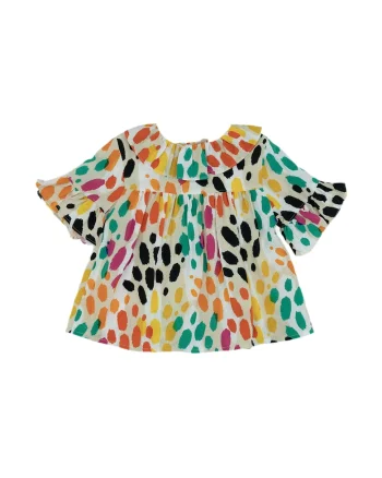 Bluza vaporoasa cu maneca scurta si volane  - Hope, cu buline colorate, pentru fetite, Bej