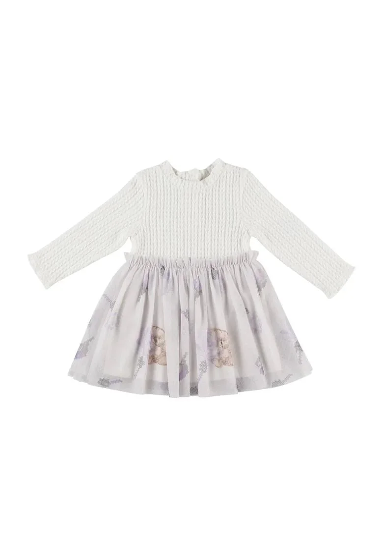 Rochie tricotata cu fusta din tull  - Cute Bear, Ecru, pentru fetite, Ecru
