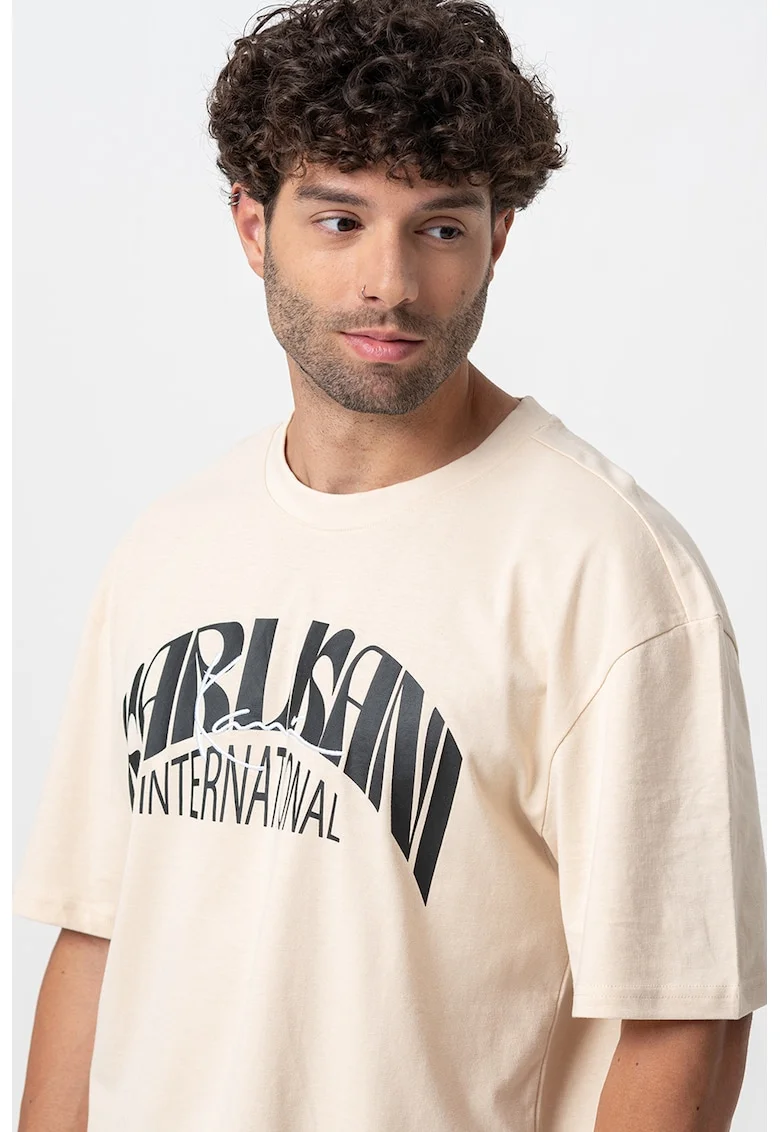 Tricou cu imprimeu logo, Negru/Bej
