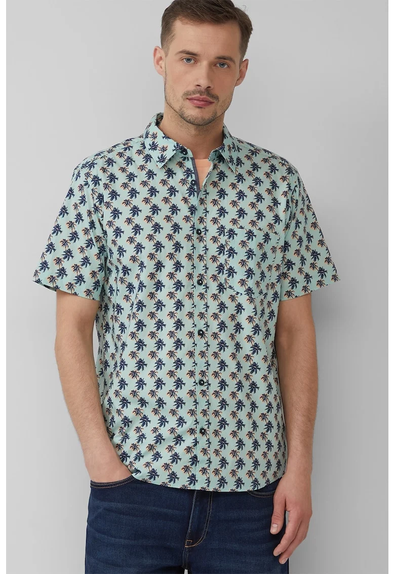 Camasa cu maneci scurte si model tropical, Turcoaz/Portocaliu pal/Bleumarin