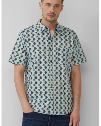 Camasa cu maneci scurte si model tropical, Turcoaz/Portocaliu pal/Bleumarin