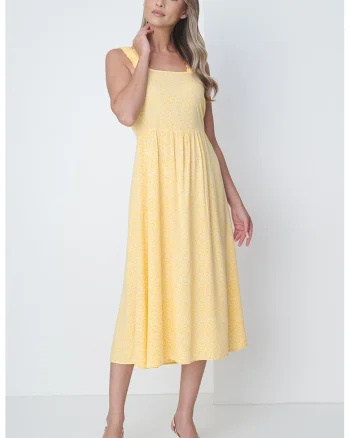 Rochie midi cu model floral si decolteu patrat Nya, Galben