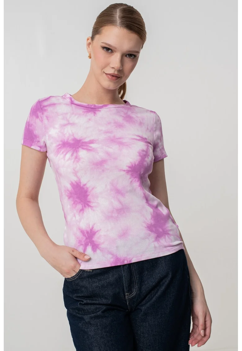 Tricou slim fit cu model tie-dye, Alb/Ametist