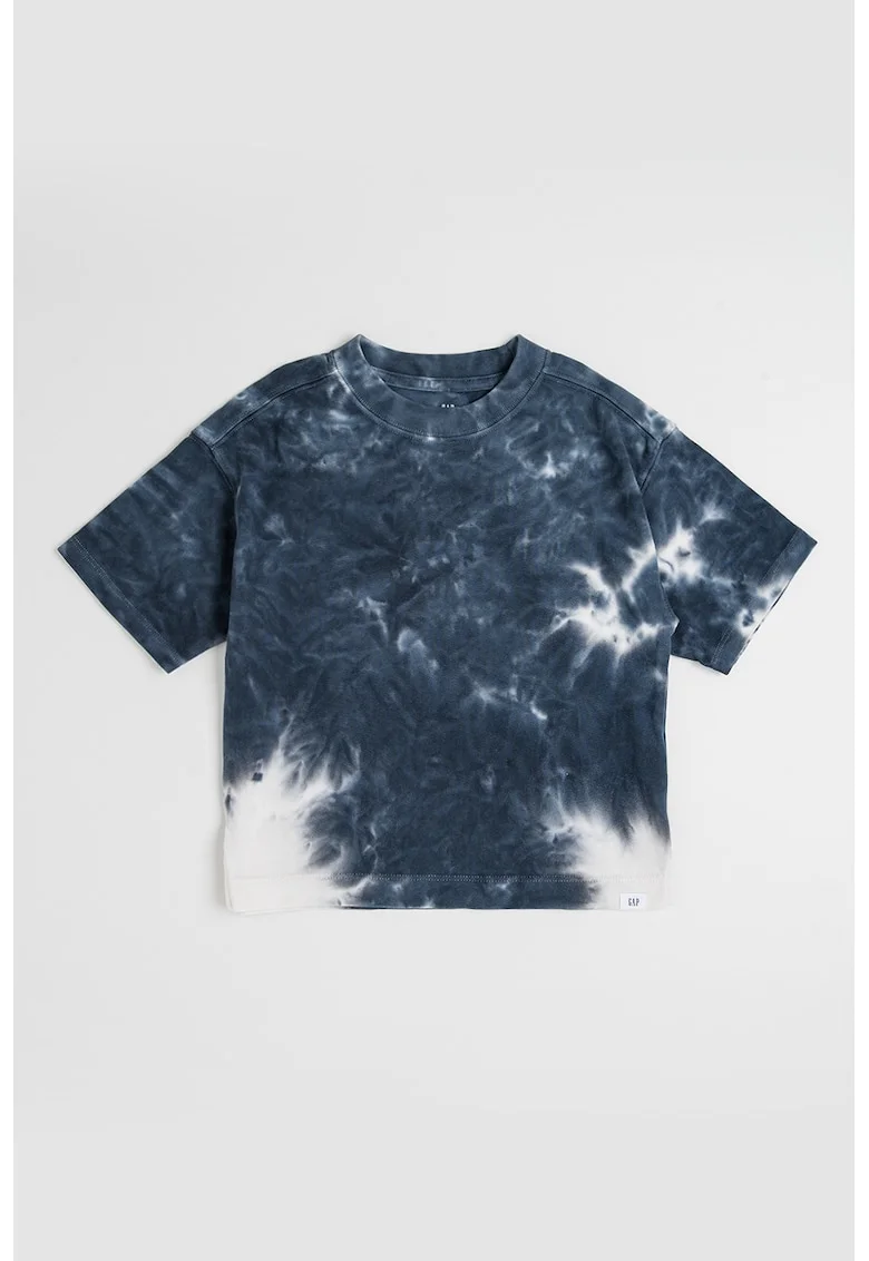 Tricou cu decolteu la baza gatului si model tie-dye, Alb murdar/Bleumarin