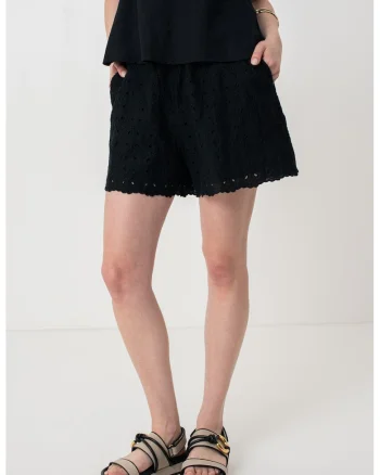 Pantaloni scurti cu talie inalta si model Sangallo, Negru