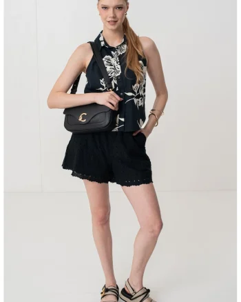 Camasa din amestec de in cu model floral, fara maneci, Alb fildes/Negru