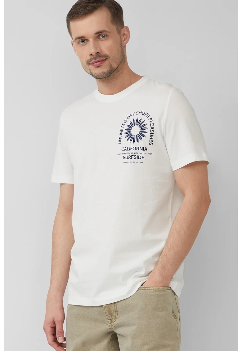 Tricou cu decolteu la baza gatului si imprimeu text, Albastru inchis/Alb murdar