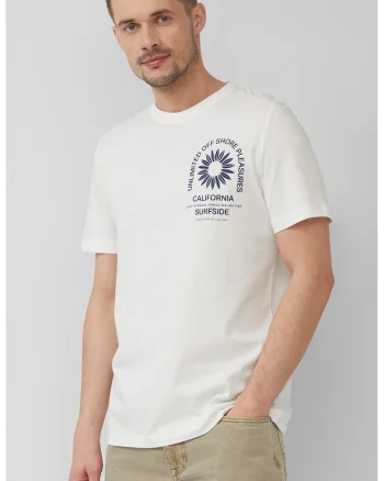 Tricou cu decolteu la baza gatului si imprimeu text, Albastru inchis/Alb murdar