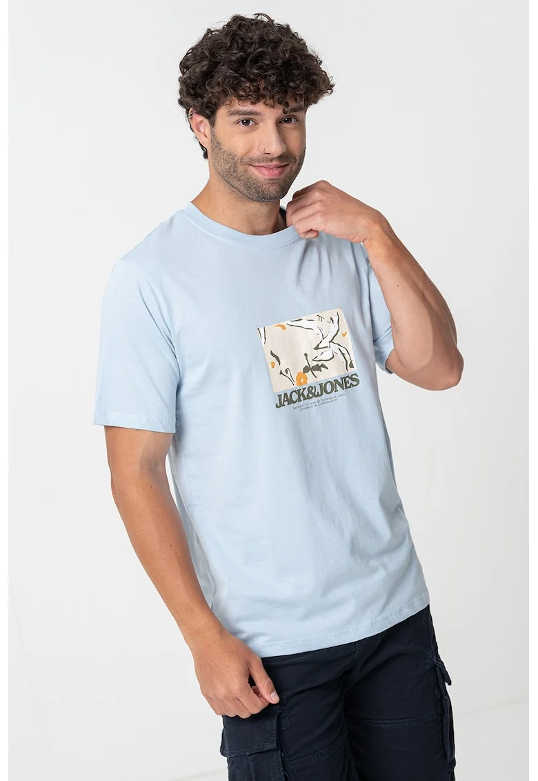 Tricou de bumbac cu imprimeu frontal, Albastru pastel