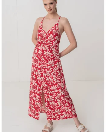 Rochie cu imprimeu, decolteu in V si slit frontal, Rosu vermillion/Alb murdar