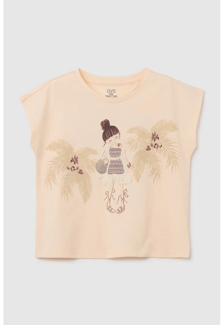 Tricou din bumbac cu imprimeu si detaliu brodat, Roz somon
