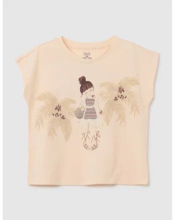 Tricou din bumbac cu imprimeu si detaliu brodat, Roz somon