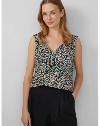 Bluza fara maneci cu decolteu in V, Negru/Turcoaz/Portocaliu pal
