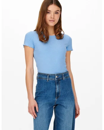 Tricou crop cu croiala slim-fit si aspect striat, Albastru deschis