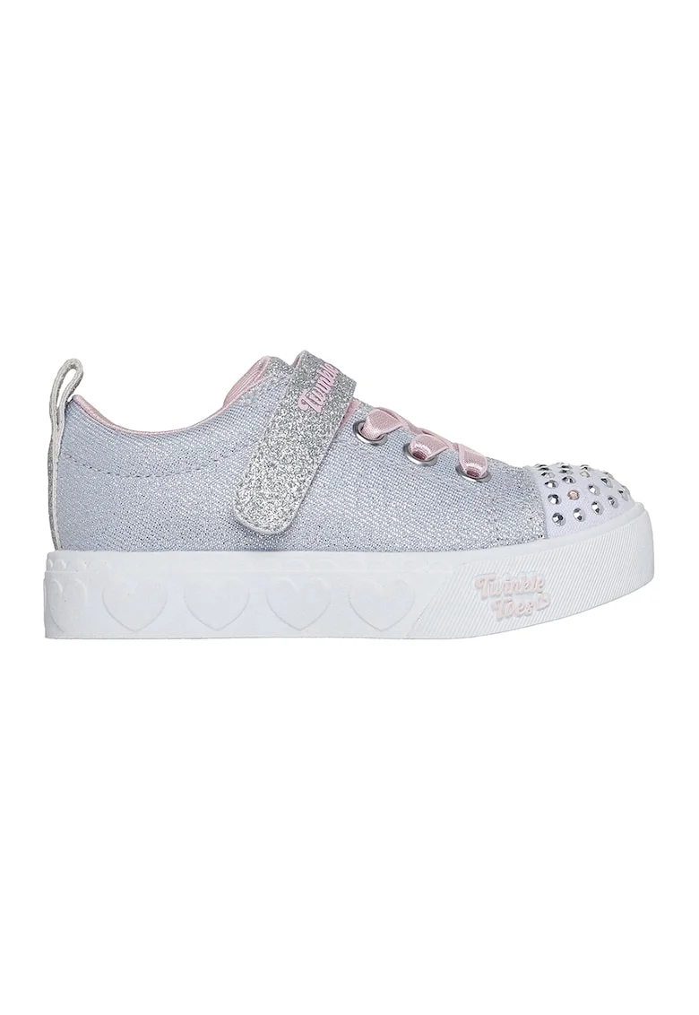 Pantofi sport cu garnituri stralucitoare, lumini led si velcro, Alb/Gri/Argintiu