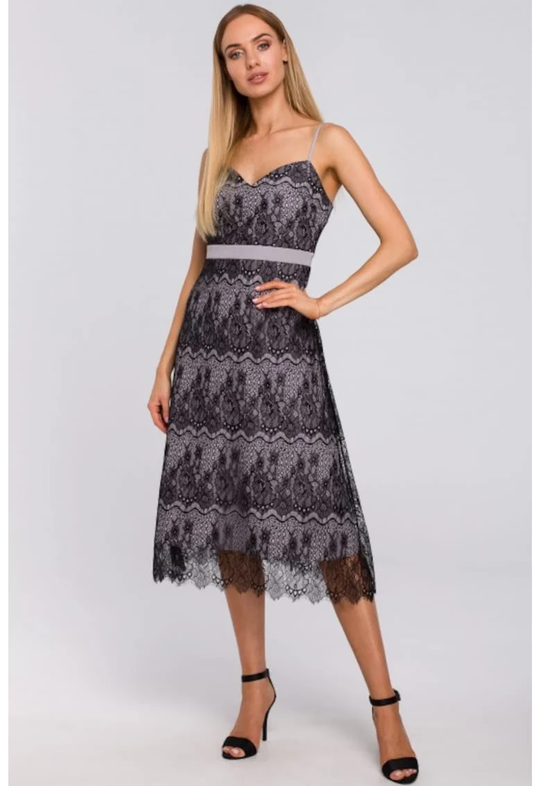 Rochie cu bretele din dantela taiata manual,, Gri inchis