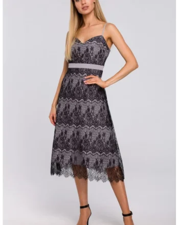 Rochie cu bretele din dantela taiata manual,, Gri inchis