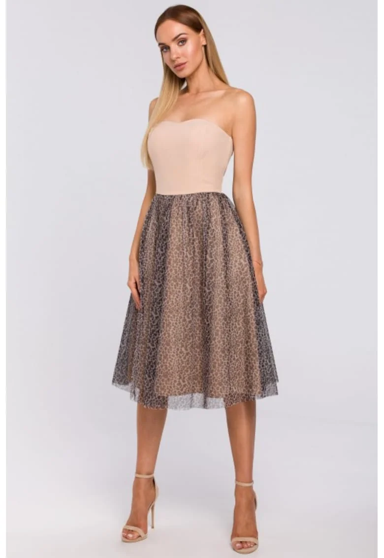Rochie corset cu tul animal print,, Bej