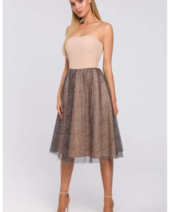 Rochie corset cu tul animal print,, Bej