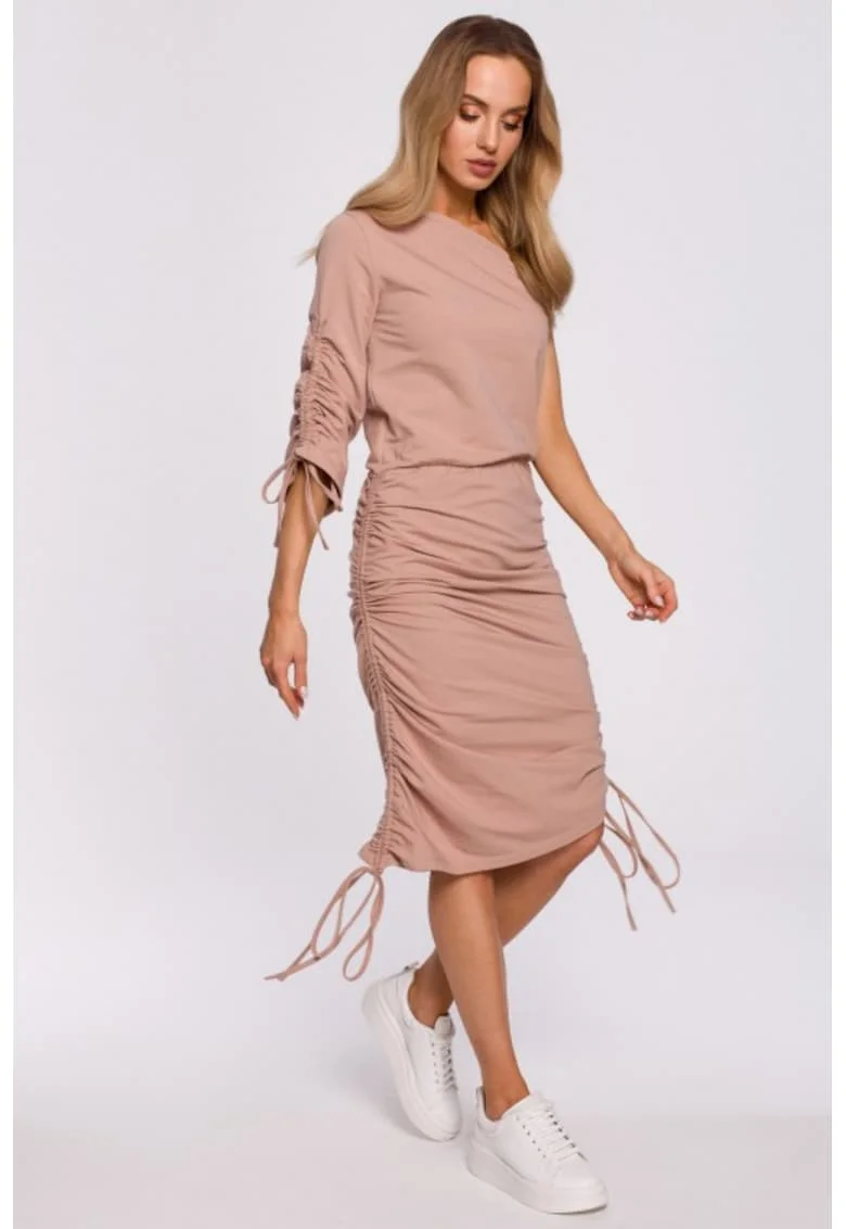 Rochie asimetrica, pe un umar,  Roz prafuit,